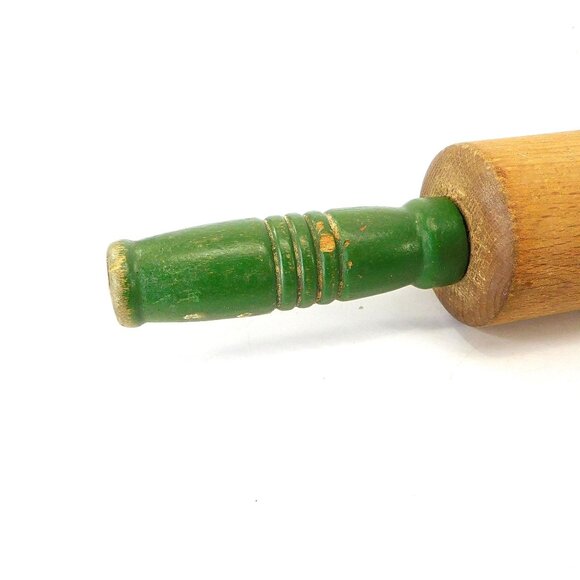 Vintage Wooden Rolling Pin With Green Handles - Picture 2 of 5